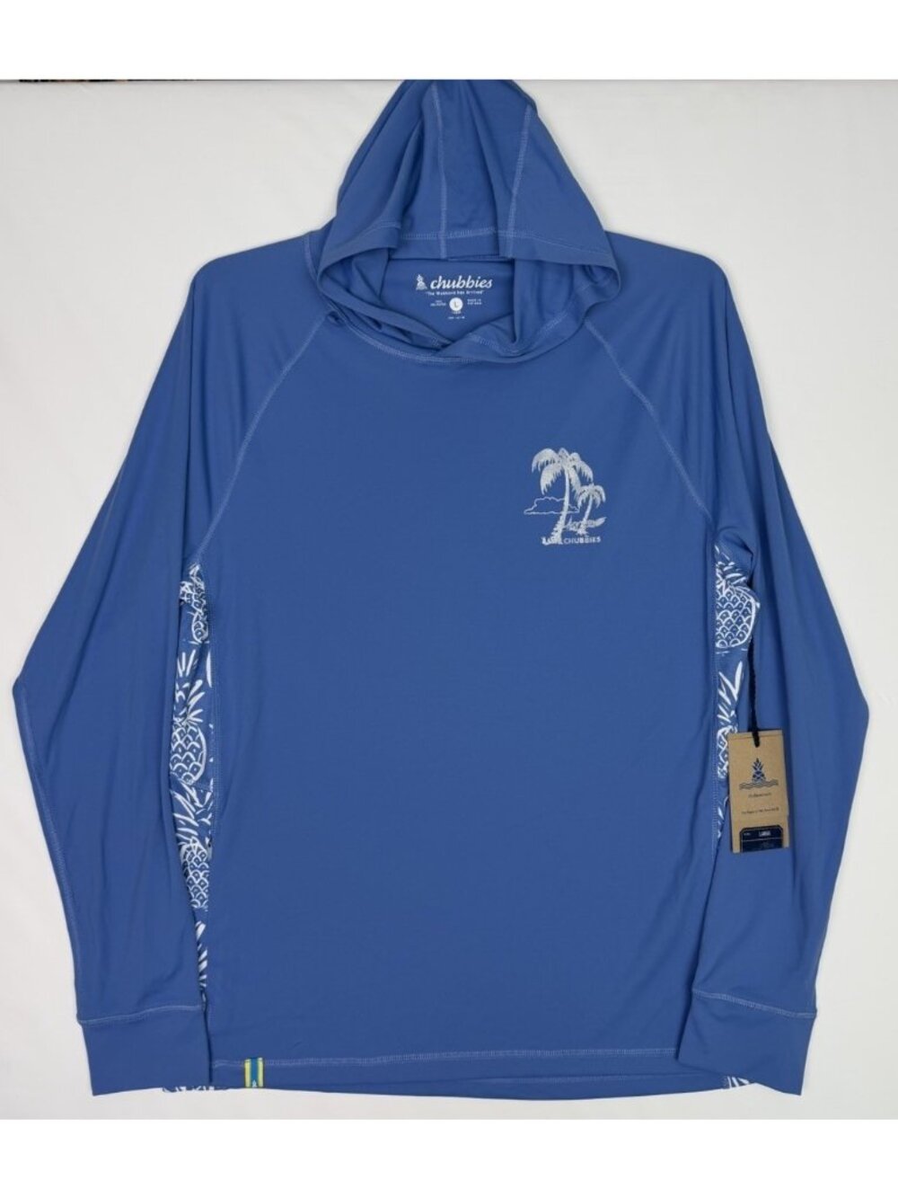 Chubbies The Protector Sun Hoodie Mens Large NWT Blue Pineapple Palm Tree